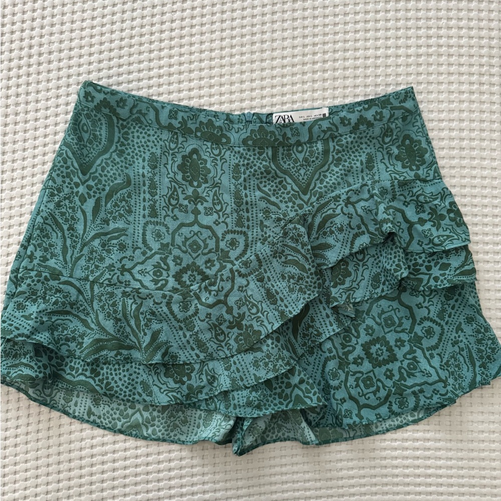 Zara Teal Paisley Ruffle Shorts